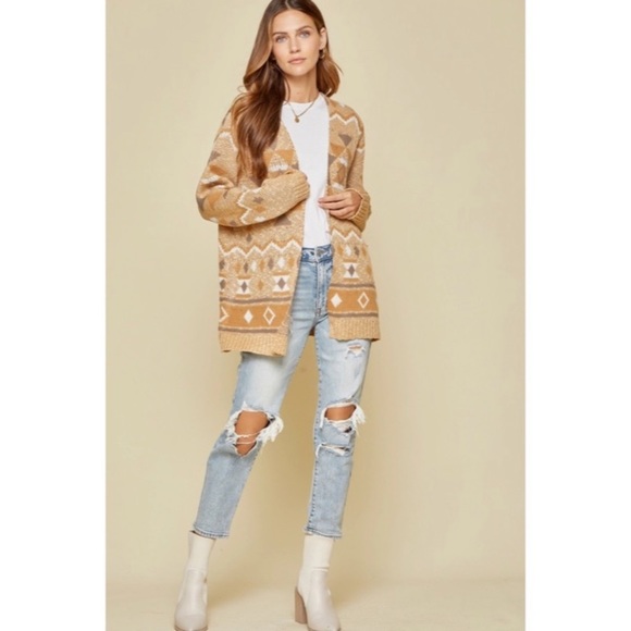 Taupe Gray Boho Aztec Open Cardigan Sweater - Picture 5 of 6